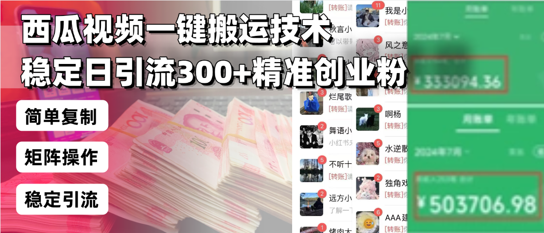 西瓜视频一键搬运技术，稳定日引流300+精准创业粉，简单可复制给团队，…-梦凌网创