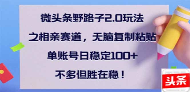 微头条野路子2.0玩法之相亲赛道，无脑搬砖复制粘贴，单账号日稳定300+…-梦凌网创