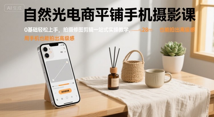 自然光电商平铺手机摄影课，0基础轻松上手，拍摄修图剪辑一站式实操教学，用手机也能拍出高级感-梦凌网创