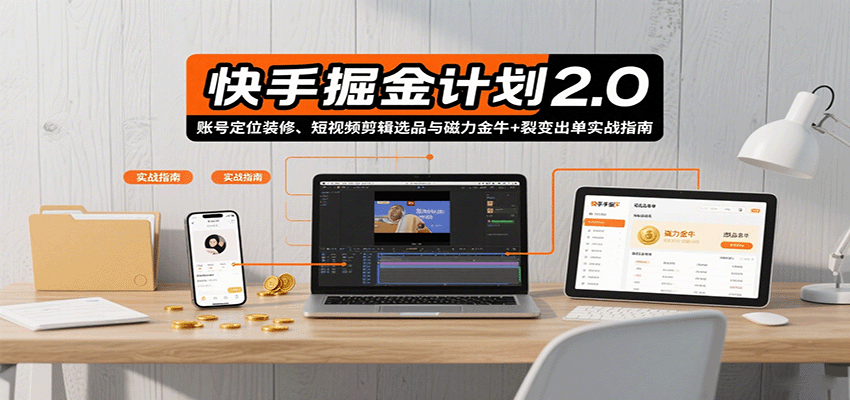 快手掘金计划2.0，账号定位装修、短视频剪辑选品与磁力金牛+裂变出单实战指南-梦凌网创