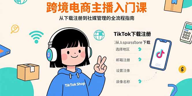 跨境电商主播入门课，TikTok下载注册，支付工具配置，社媒账号管理全流程-梦凌网创