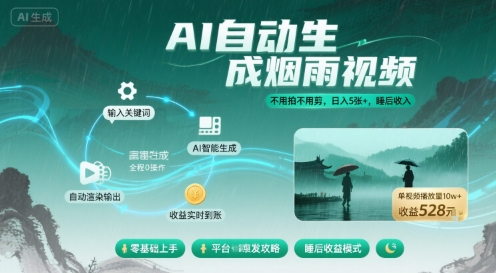 不用拍不用剪！AI自动生成烟雨视频，日入5张+，睡后收入-梦凌网创