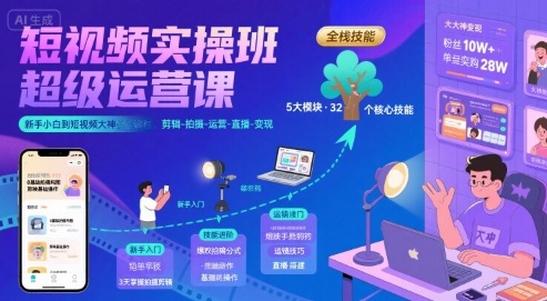 短视频实操班超级运营课，新手小白到短视频大神必修课程，剪辑-拍摄-运营-直播-变现-梦凌网创