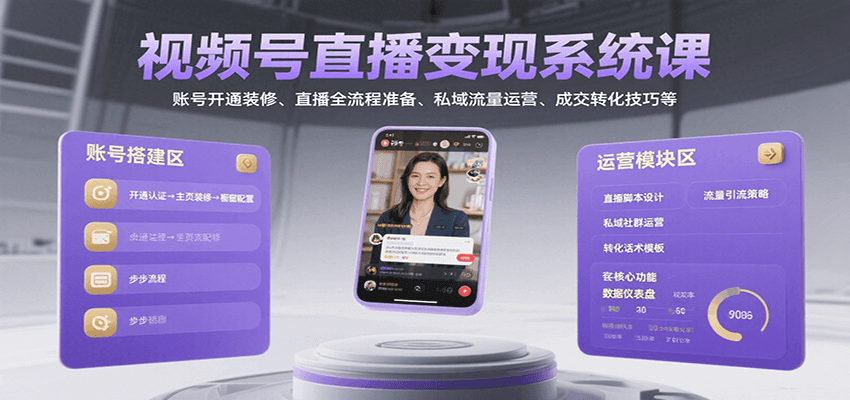 视频号直播变现系统课，账号开通装修、直播全流程准备、私域流量运营、成交转化技巧等-梦凌网创