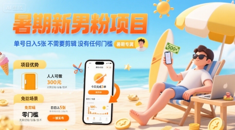 暑期新男粉项目 单号日入5张 不需要剪辑  没有任何门槛-梦凌网创