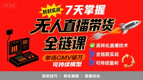 无人直播带货全链防封实战课，7天掌握高转化直播技术，实现单场GMV破万可持续模型-梦凌网创