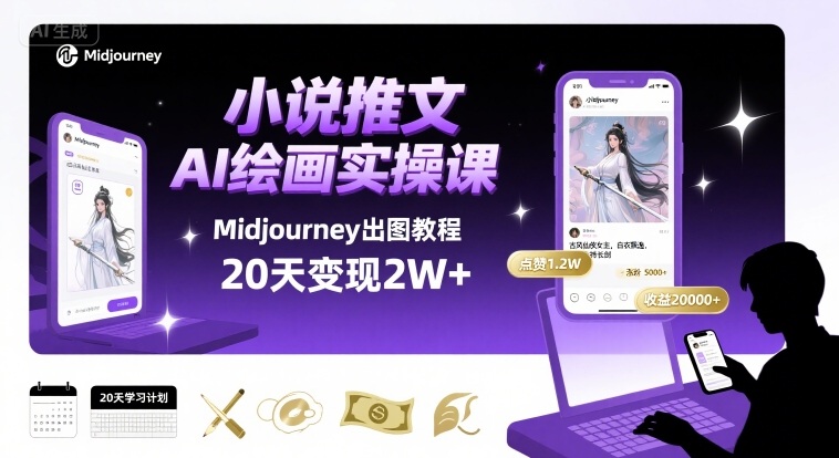 小说推文干货分享之AI绘画MJ出图实操课，用Midjourney做小说推文，20天挣2w-梦凌网创
