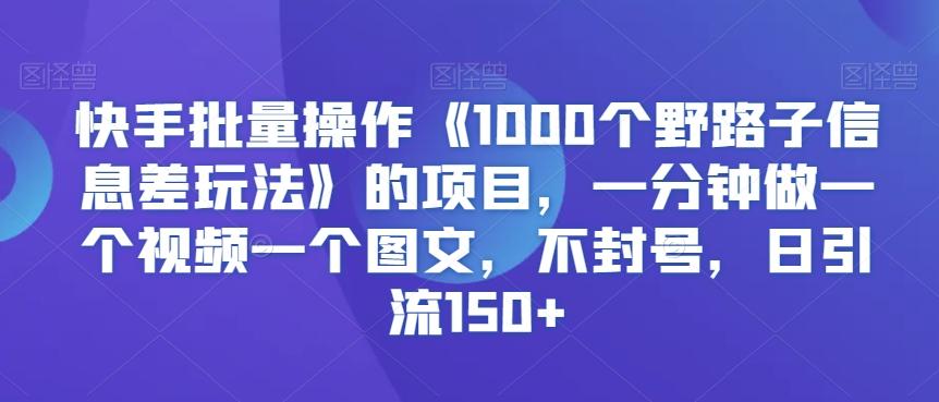 快手批量操作《1000个野路子信息差玩法》的项目，一分钟做一个视频一个图文，不封号，日引流150+【揭秘】-梦凌网创
