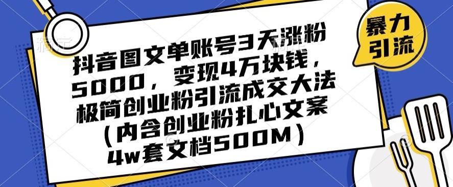 抖音图文单账号3天涨粉5000，变现4万块钱，极简创业粉引流成交大法-梦凌网创