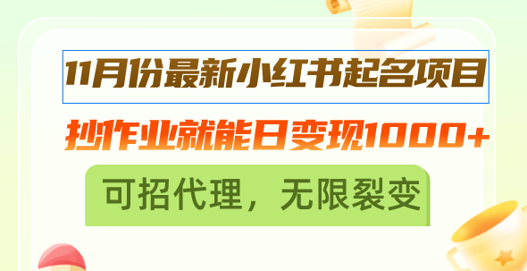 11月份最新小红书起名项目，抄作业就能日变现1000+，可招代理，无限裂变-梦凌网创