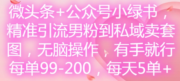 微头条+公众号小绿书，精准引流男粉到私域卖套图，无脑操作，有手就行，每单99-200，每天5单-梦凌网创